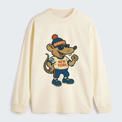 New York Rat wearing Giants beanie with subway patch and wayfarer - Classic Long Sleeve Shirt - Beige
