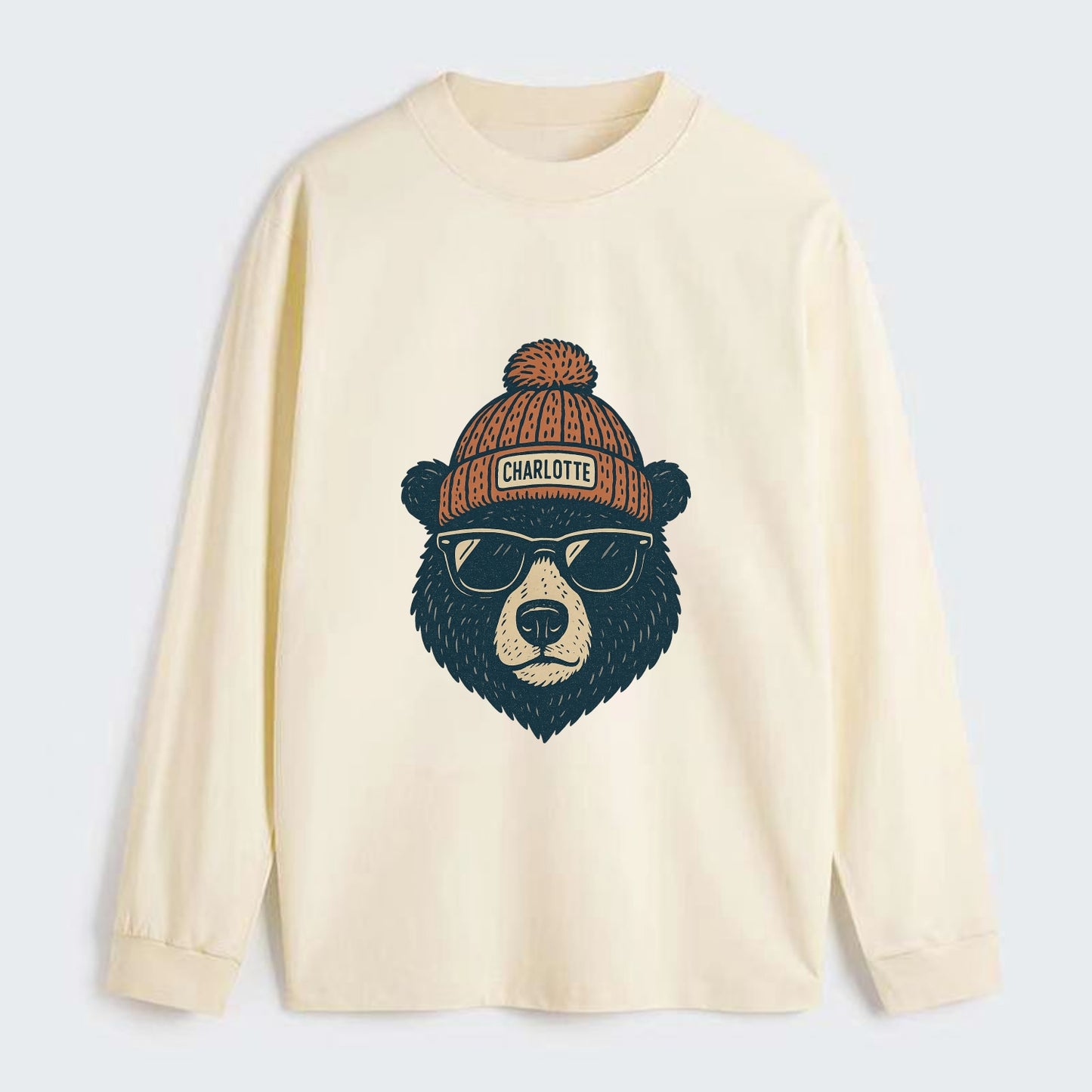 North Carolina Black Bear wearing Charlotte beanie with pom pom and - Classic Long Sleeve Shirt - Beige