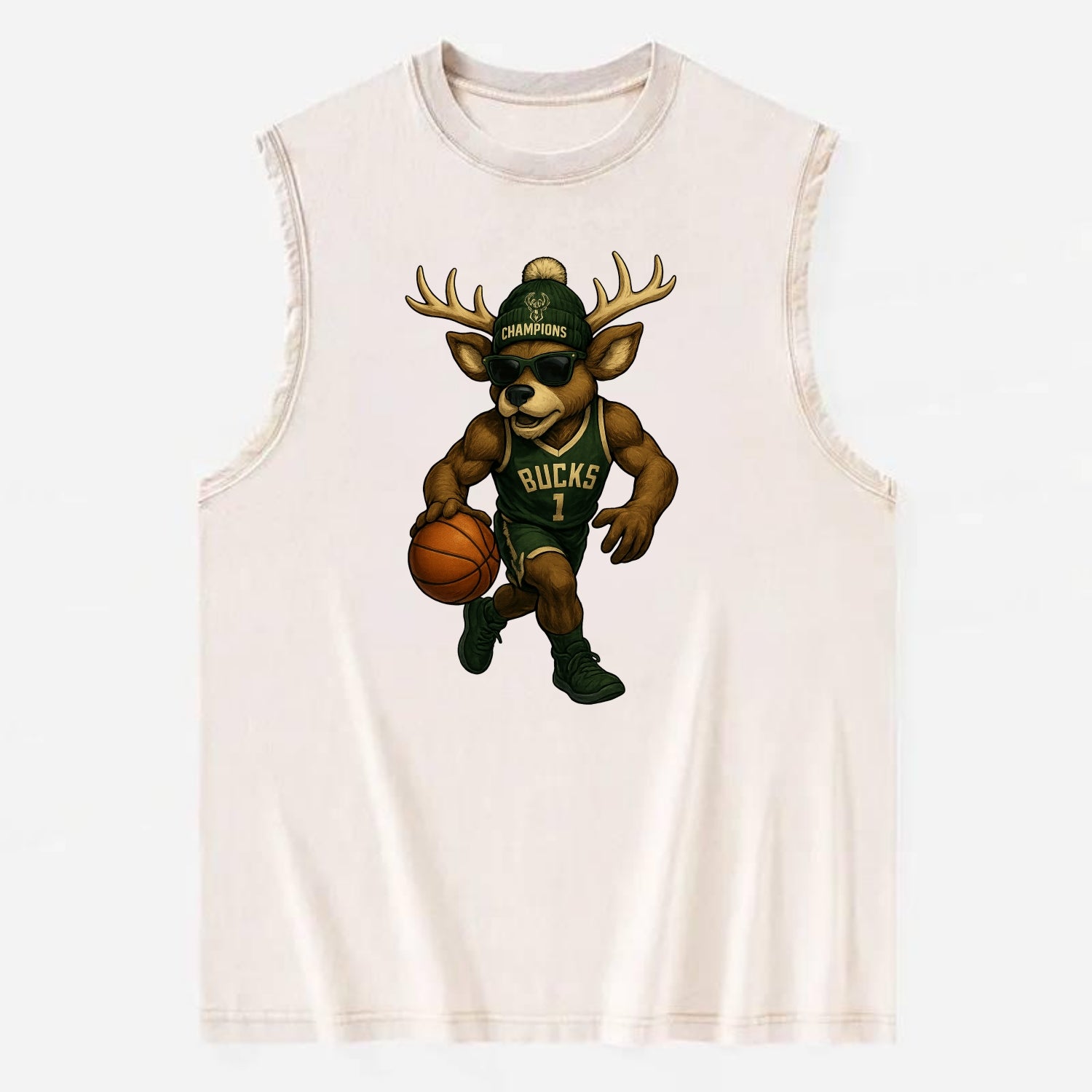 Milwaukee Buck Deer wearing Bucks green and cream beanie with antlers and - Vintage Washed Tank - Beige