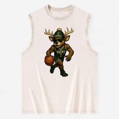 Milwaukee Buck Deer wearing Bucks green and cream beanie with antlers and - Vintage Washed Tank - Beige