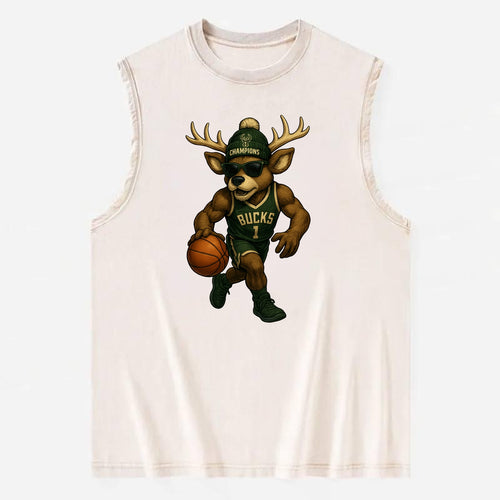 Milwaukee Buck Deer wearing Bucks green and cream beanie with antlers and - Vintage Washed Tank