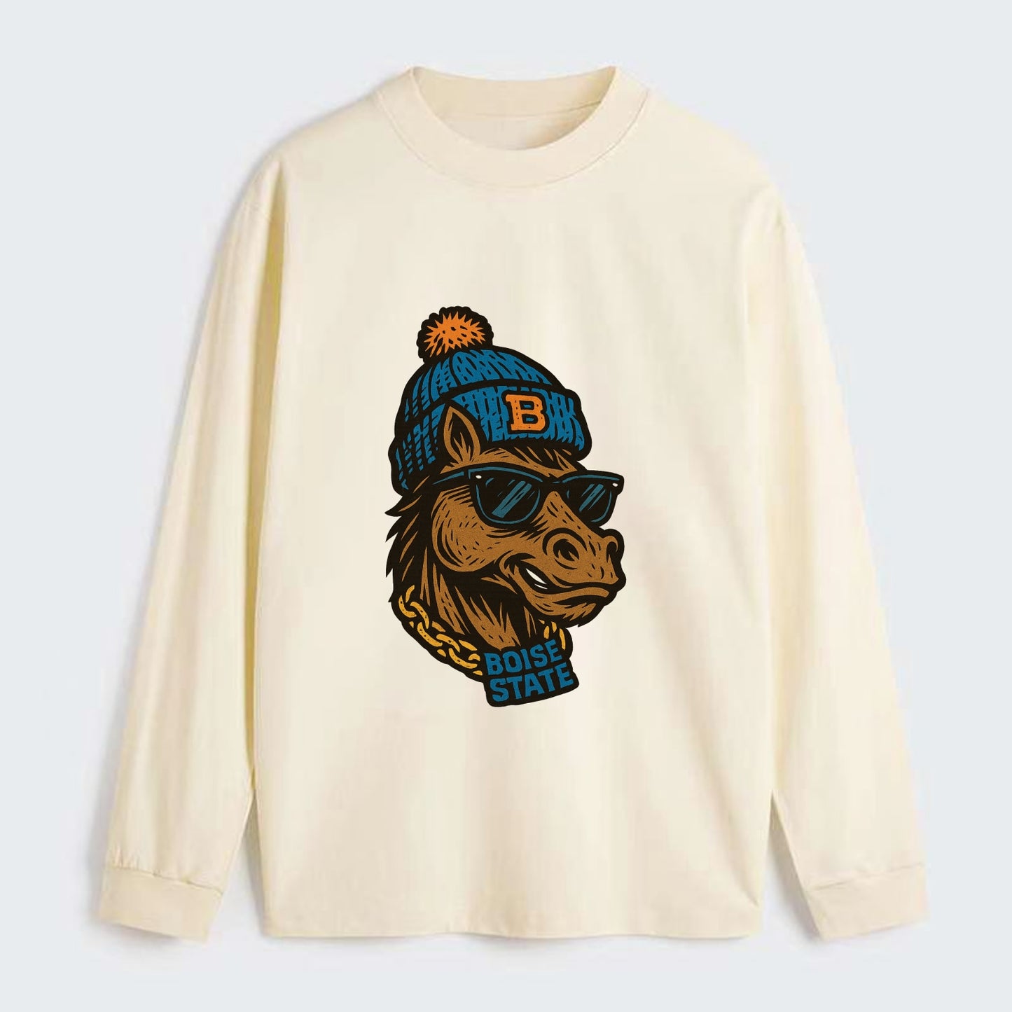 Boise Bronco wearing Boise State beanie with B patch - Classic Long Sleeve Shirt - Beige