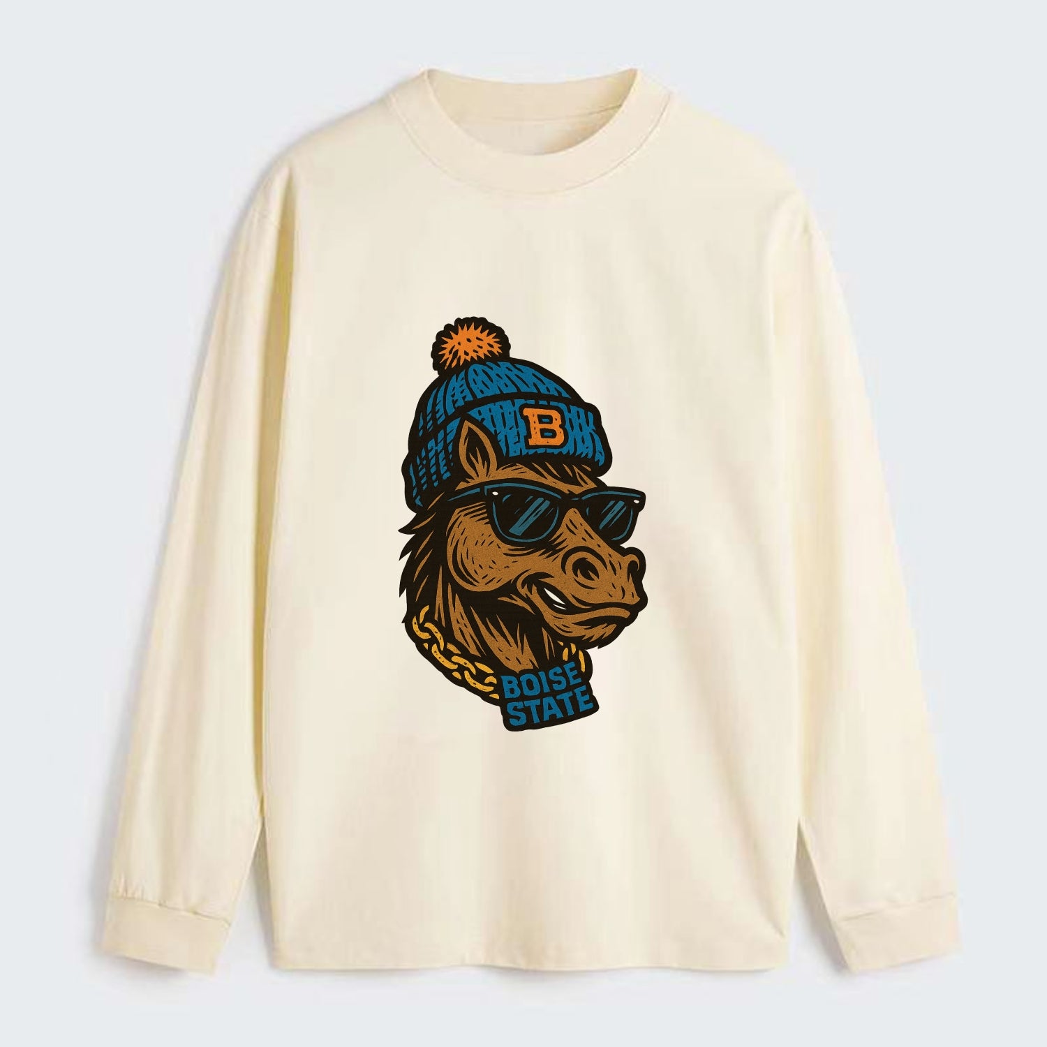 Boise Bronco wearing Boise State beanie with B patch - Classic Long Sleeve Shirt - Beige
