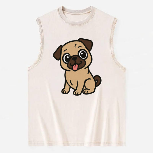 Pug - Tilted head with tongue out - Vintage Washed Tank - Beige