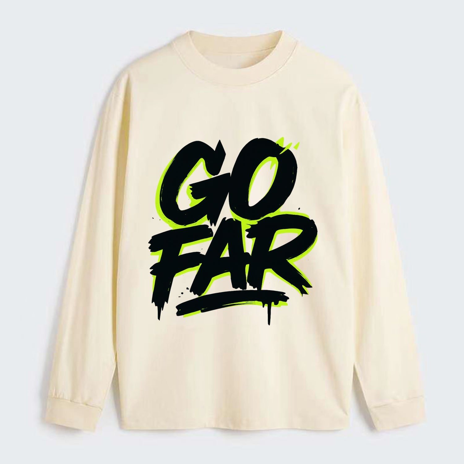 Bold typography design - "GO FAR" - distance goals, pushing limits - Classic Long Sleeve Shirt - Beige