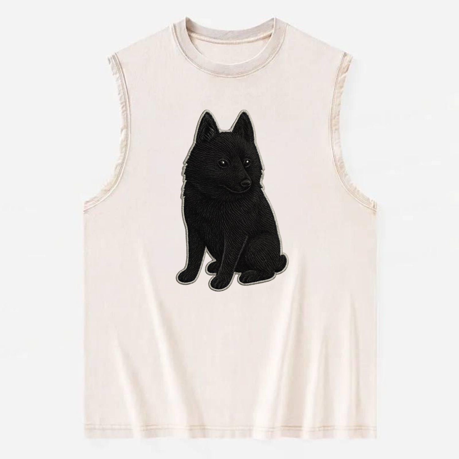 Schipperke - Solid black small embroidered sitting pose - Vintage Washed Tank - Beige