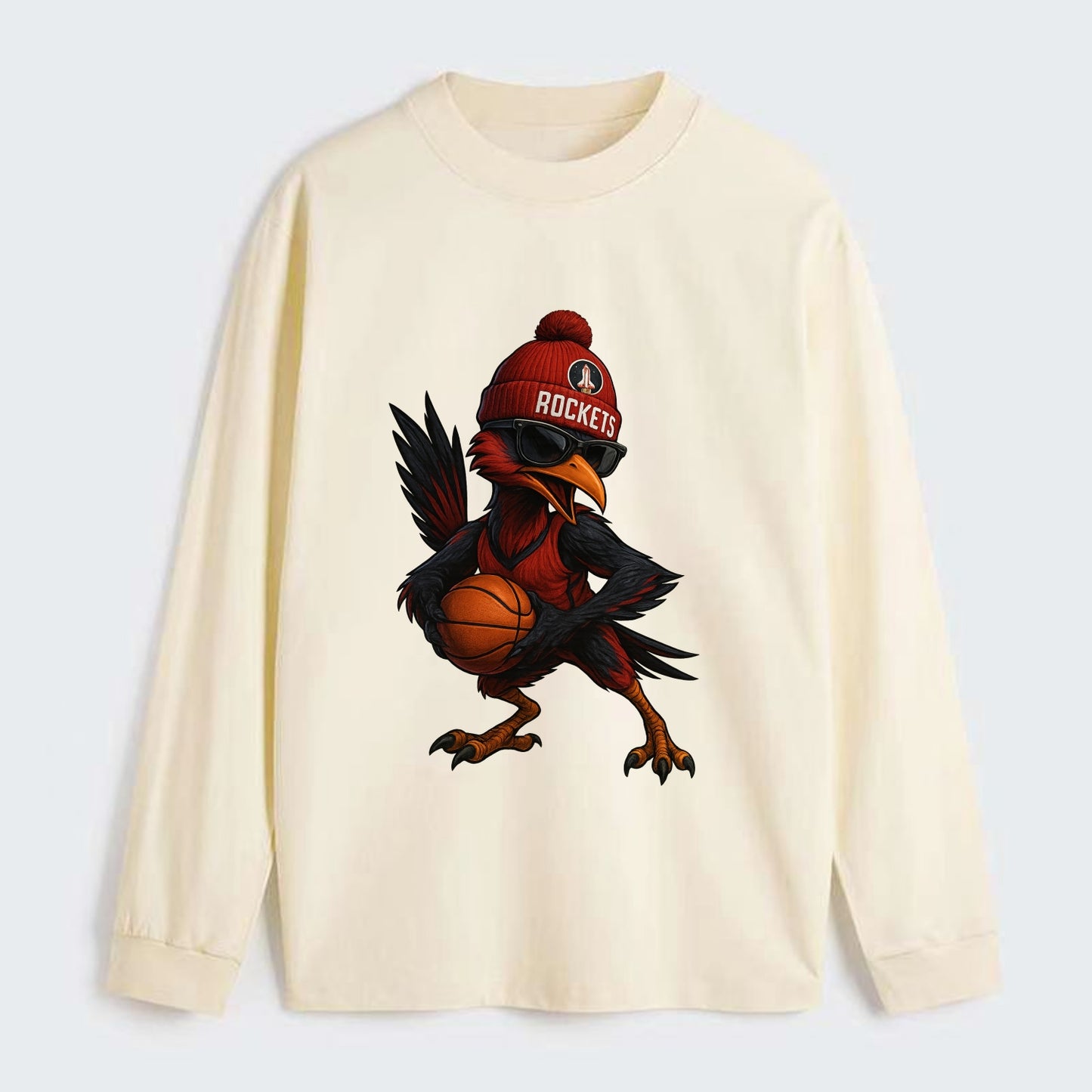 Houston Roadrunner wearing Rockets beanie with launch pad patch and - Classic Long Sleeve Shirt - Beige