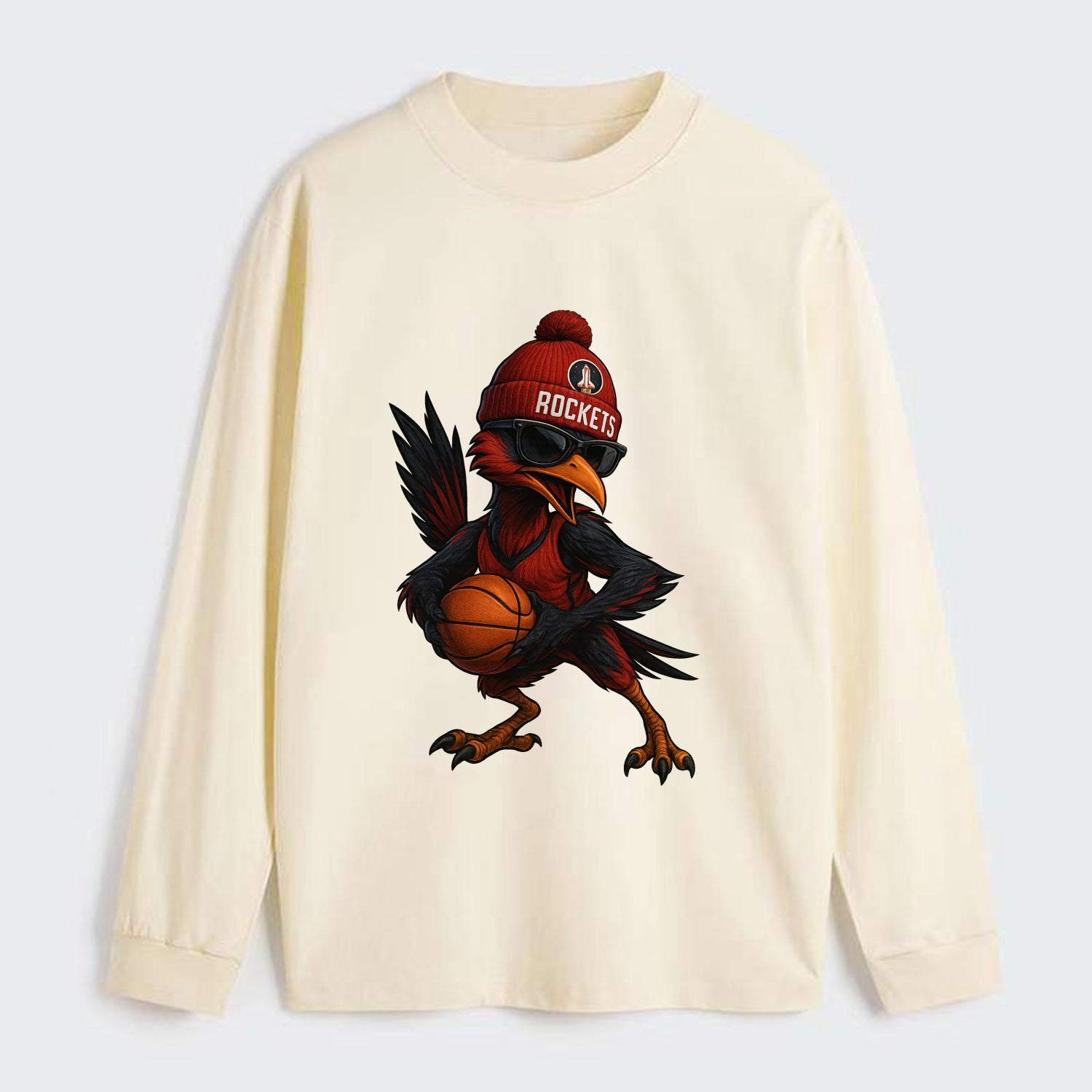Houston Roadrunner wearing Rockets beanie with launch pad patch and - Classic Long Sleeve Shirt - Beige