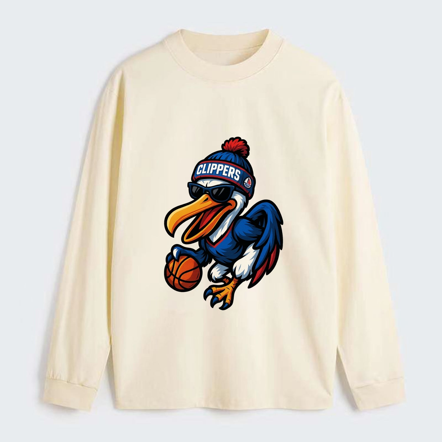 Los Angeles Pelican wearing Clippers beanie with sailboat patch and - Classic Long Sleeve Shirt - Beige