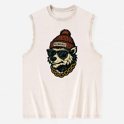Milwaukee Badger wearing Milwaukee beanie with pom pom and wayfarer sunglasses - Vintage Washed Tank - Beige