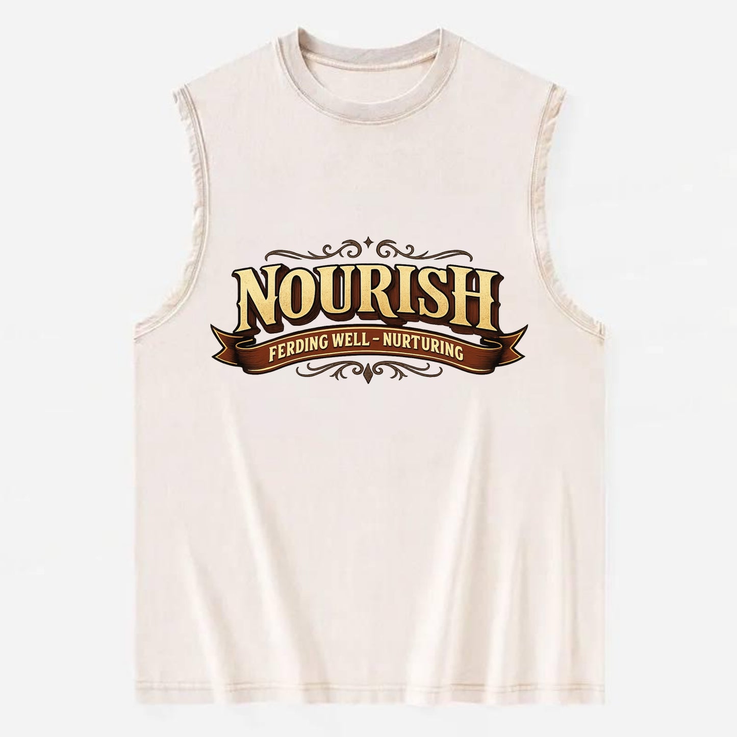 Bold typography design - "NOURISH" - feeding well, nurturing - Vintage Washed Tank - Beige