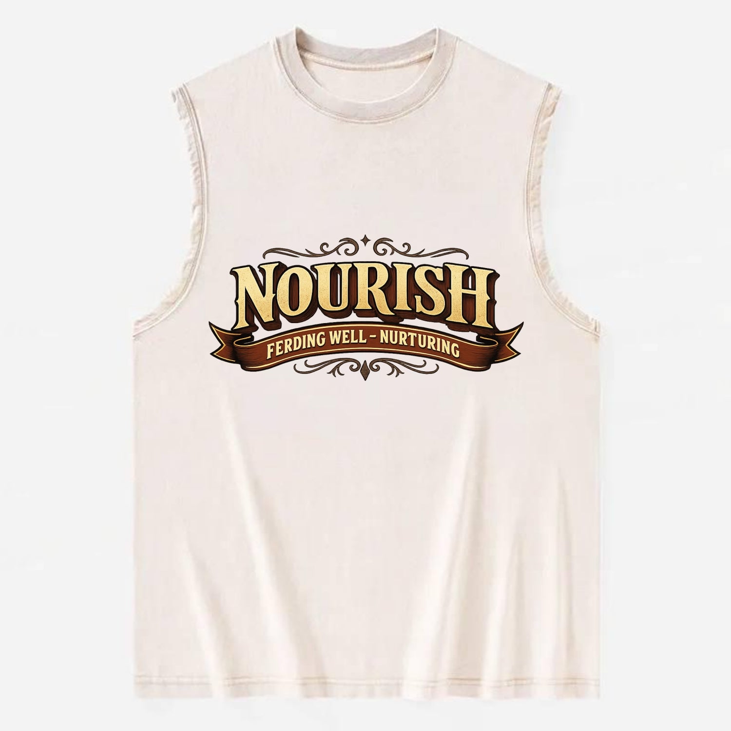 Bold typography design - "NOURISH" - feeding well, nurturing - Vintage Washed Tank - Beige