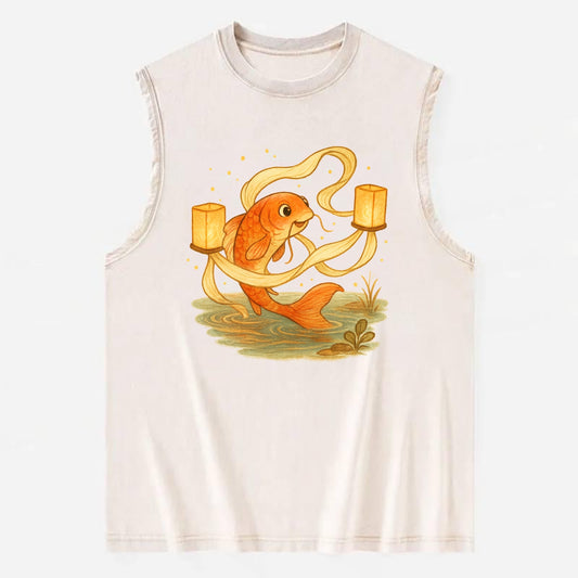 Koi weaving silk streamers through floating lanterns on tranquil water - Vintage Washed Tank - Beige