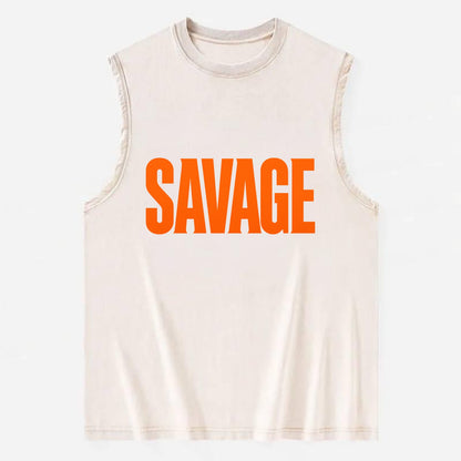 Bold typography design - "SAVAGE" - fierce attitude, taking no prisoners - Vintage Washed Tank - Beige