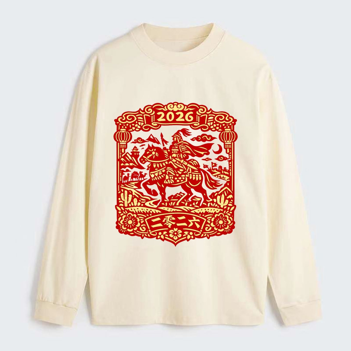 HORSE AND RIDER | Traditional Chinese warrior on horseback | Silk Road - Classic Long Sleeve Shirt - Beige