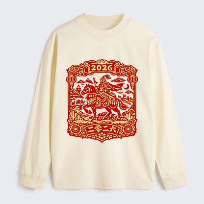HORSE AND RIDER | Traditional Chinese warrior on horseback | Silk Road - Classic Long Sleeve Shirt - Beige