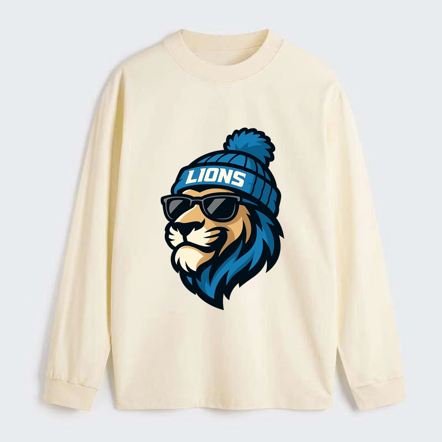 Detroit Lion wearing Lions Honolulu blue and silver beanie with pom pom - Classic Long Sleeve Shirt - Beige