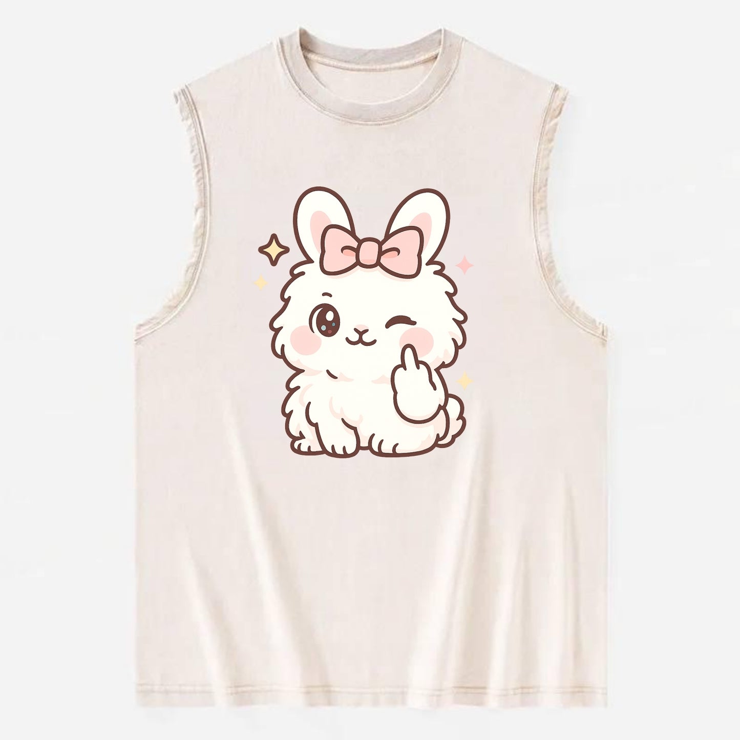 fluffy white angora rabbit with pink bow, one paw delicately flipping off - Vintage Washed Tank - Beige