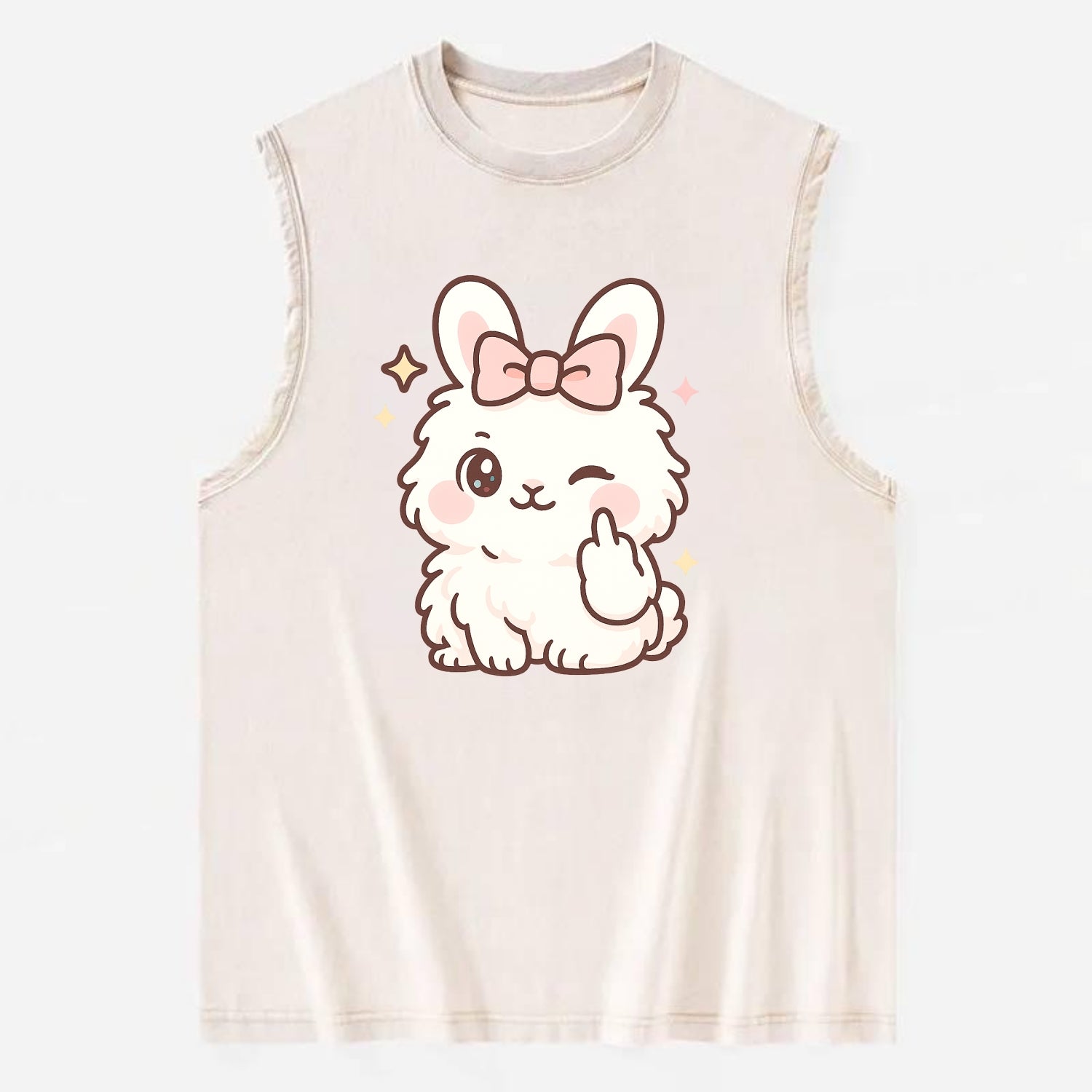 fluffy white angora rabbit with pink bow, one paw delicately flipping off - Vintage Washed Tank - Beige