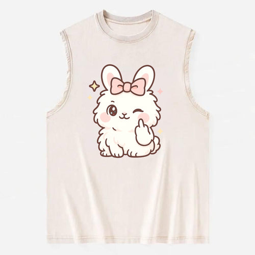 fluffy white angora rabbit with pink bow, one paw delicately flipping off - Vintage Washed Tank