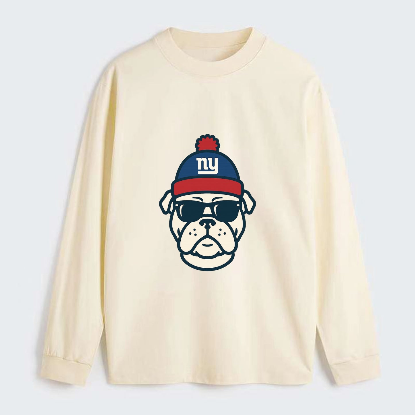 New York Bulldog wearing Giants blue and red beanie with pom pom and - Classic Long Sleeve Shirt - Beige
