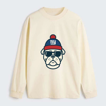 New York Bulldog wearing Giants blue and red beanie with pom pom and - Classic Long Sleeve Shirt - Beige