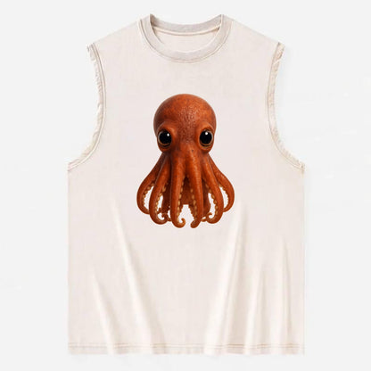 Baby Giant Pacific Octopus - reddish, smaller tentacles, expressive eyes, - Vintage Washed Tank - Beige