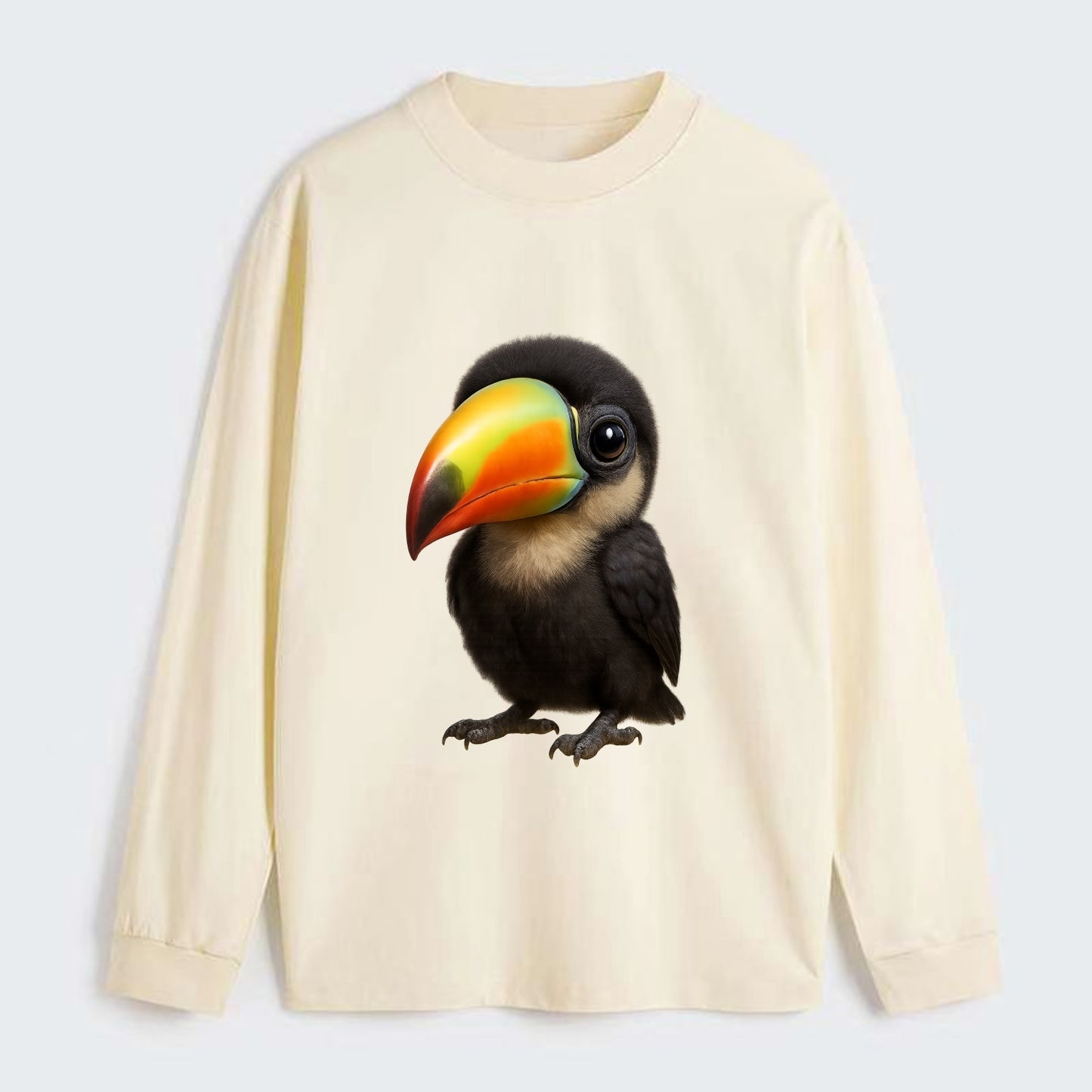 Baby Toucan - oversized colorful beak, black feathers, bright eyes, - Classic Long Sleeve Shirt - Beige