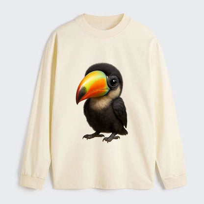 Baby Toucan - oversized colorful beak, black feathers, bright eyes, - Classic Long Sleeve Shirt - Beige