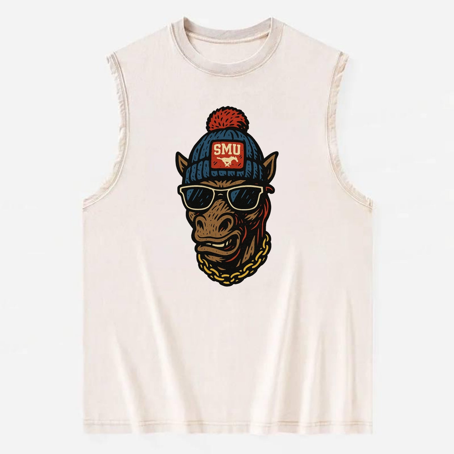 Dallas Mustang wearing SMU beanie with pony patch - Vintage Washed Tank - Beige