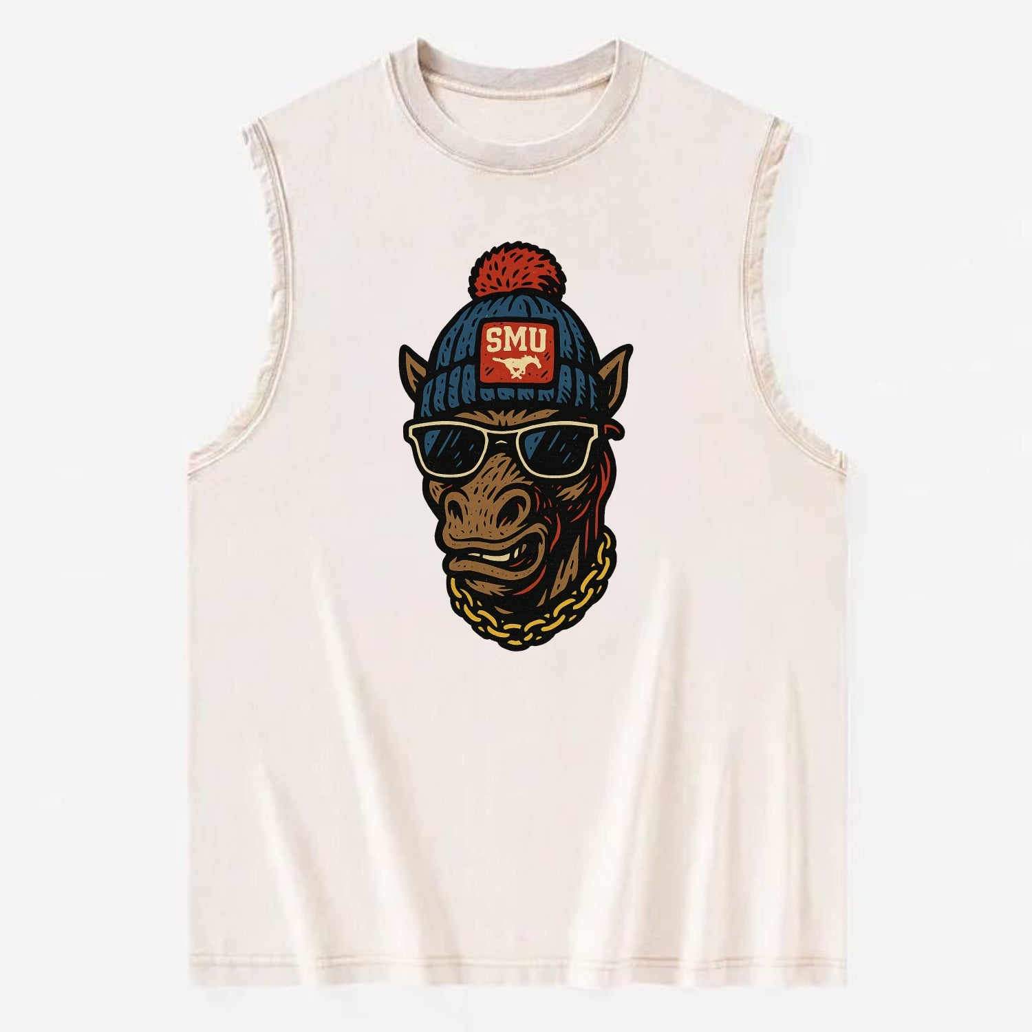 Dallas Mustang wearing SMU beanie with pony patch - Vintage Washed Tank - Beige