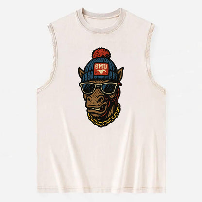 Dallas Mustang wearing SMU beanie with pony patch - Vintage Washed Tank - Beige