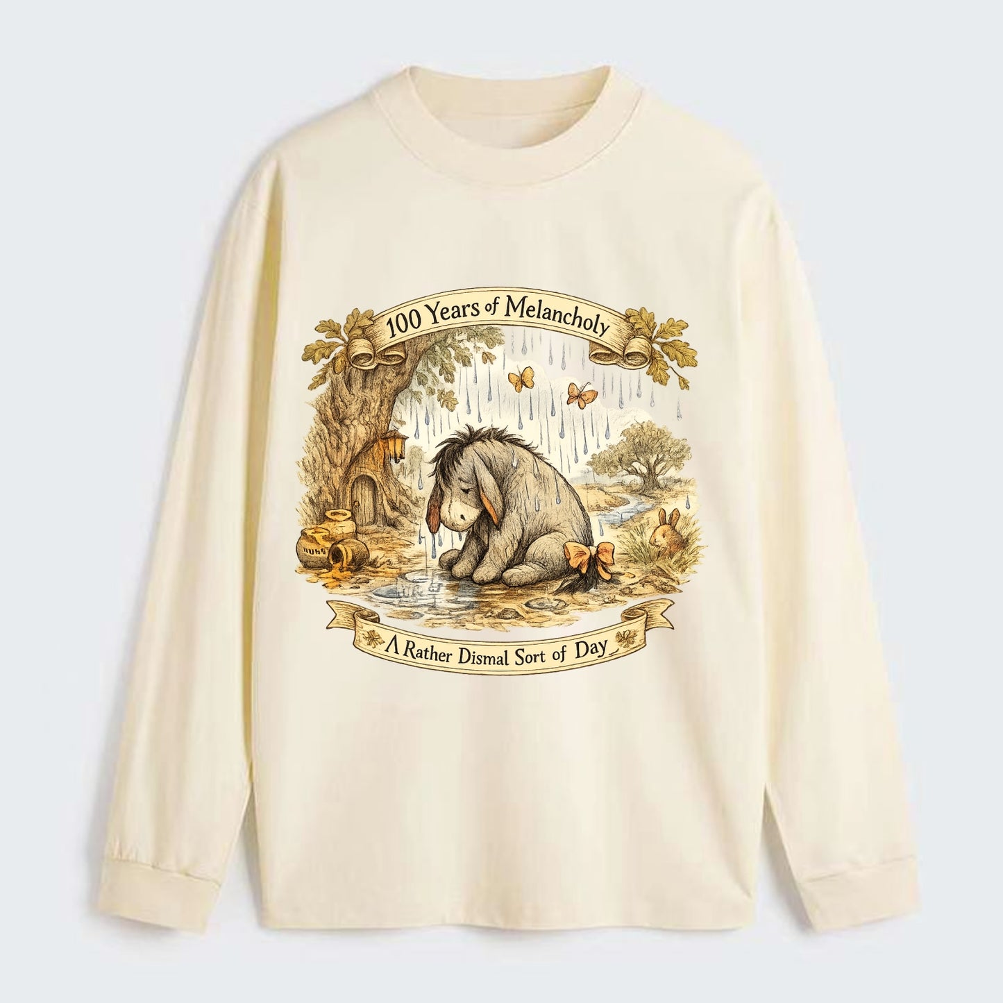 GLOOMY GLEN | Droopy figure in rain | Tattered tail bow | Pessimistic - Classic Long Sleeve Shirt - Beige