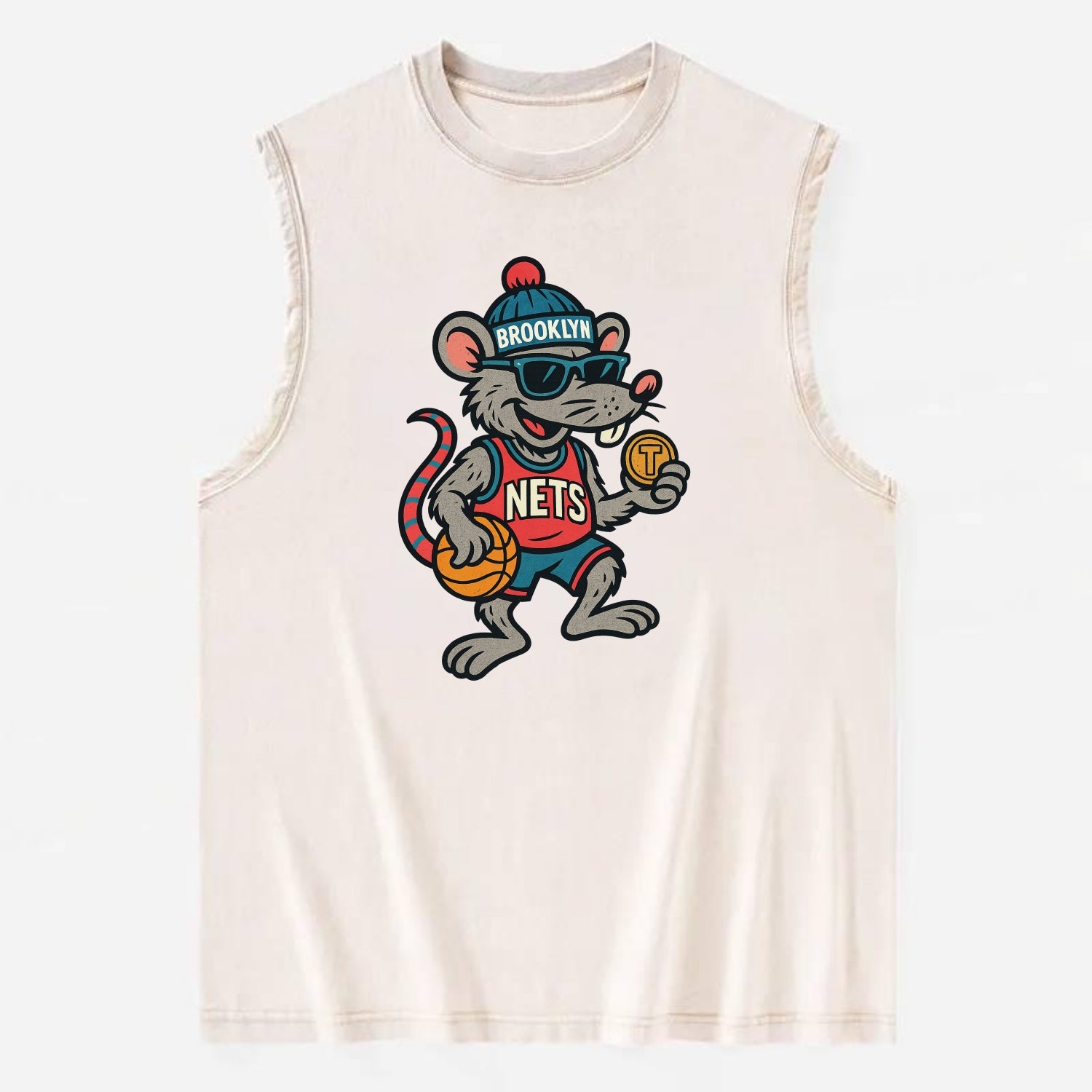 Brooklyn Rat wearing Nets beanie with subway token and wayfarer sunglasses - Vintage Washed Tank - Beige
