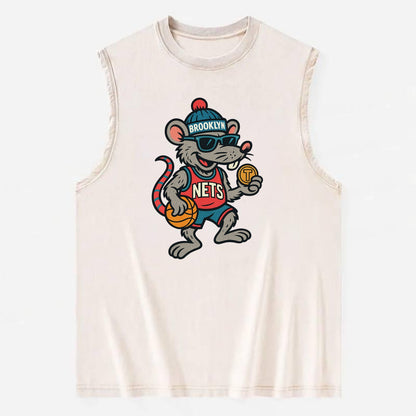 Brooklyn Rat wearing Nets beanie with subway token and wayfarer sunglasses - Vintage Washed Tank - Beige