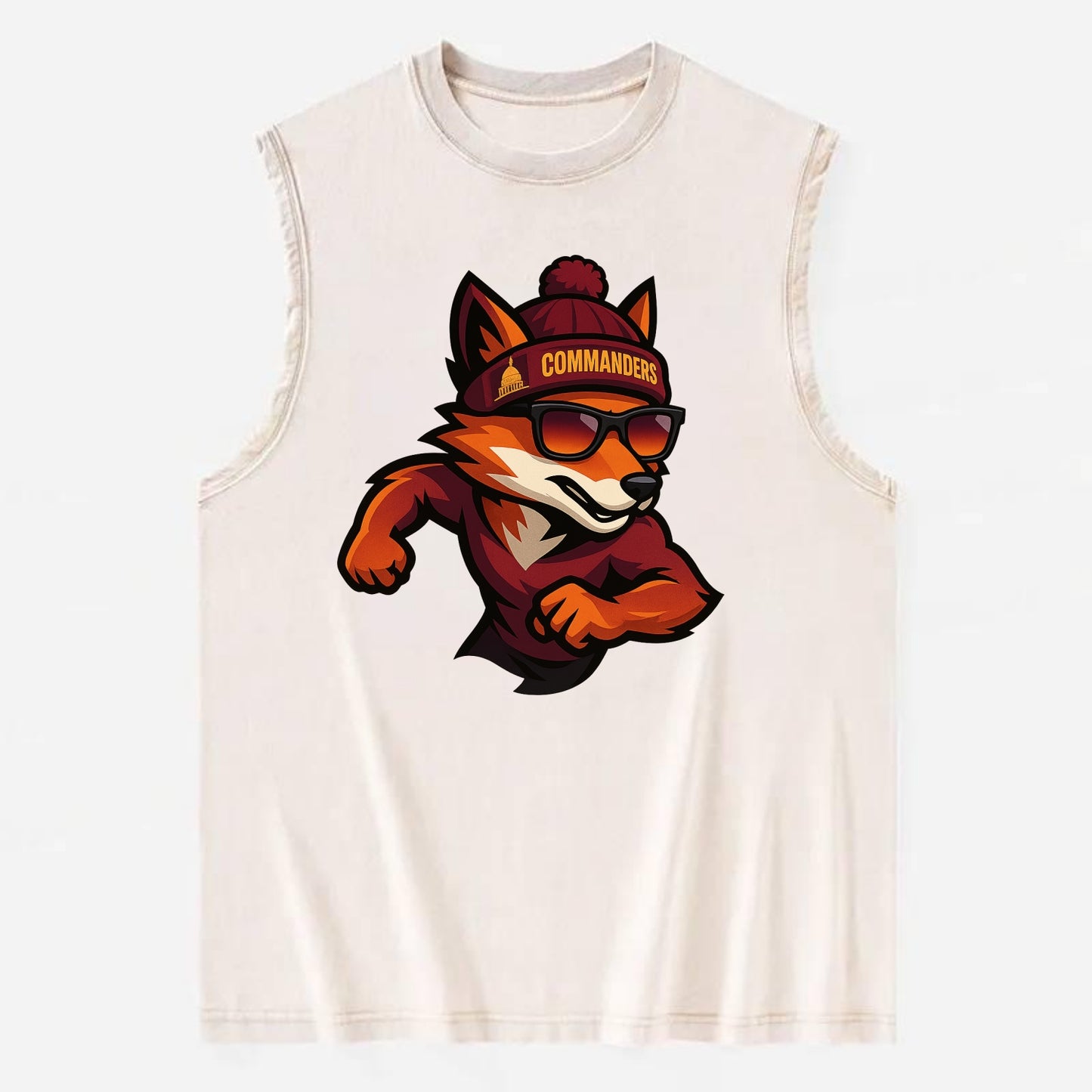 Washington Fox wearing Commanders beanie with Capitol patch and wayfarer - Vintage Washed Tank - Beige