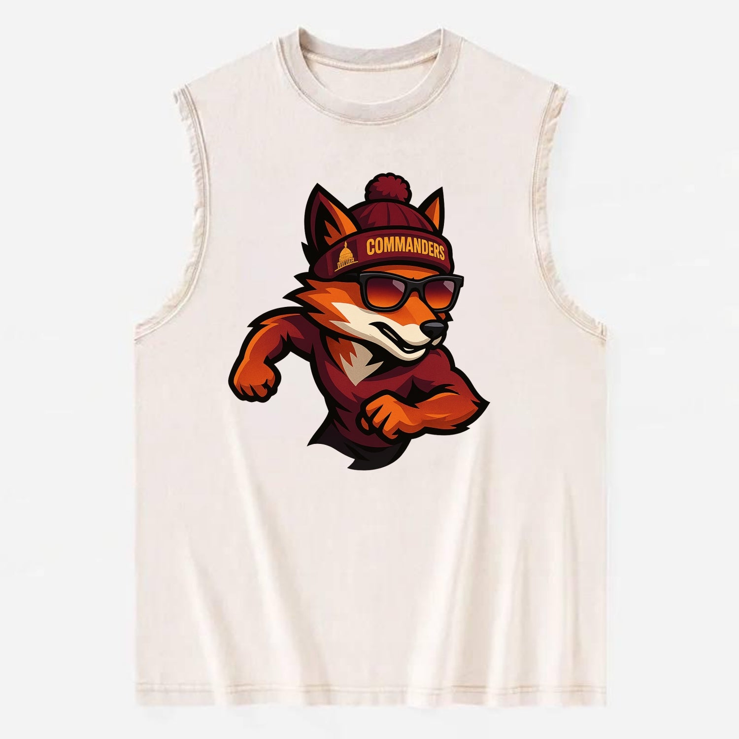Washington Fox wearing Commanders beanie with Capitol patch and wayfarer - Vintage Washed Tank - Beige