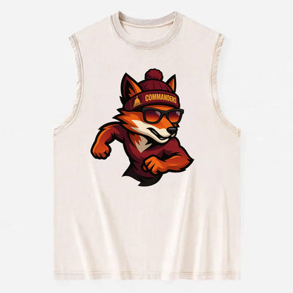 Washington Fox wearing Commanders beanie with Capitol patch and wayfarer - Vintage Washed Tank - Beige