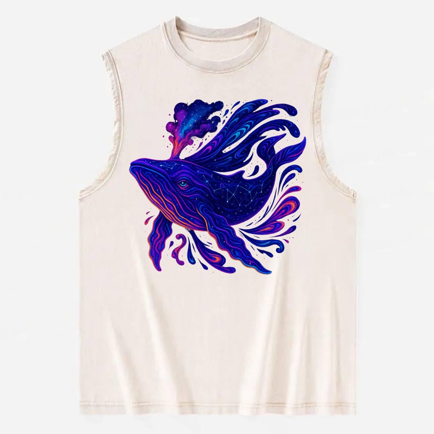 Majestic whale with body composed of galaxy clusters, stellar fins flowing - Vintage Washed Tank - Beige