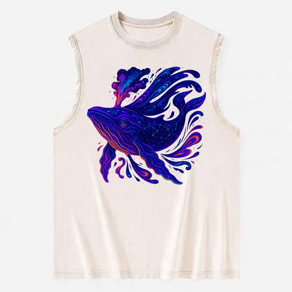 Majestic whale with body composed of galaxy clusters, stellar fins flowing - Vintage Washed Tank - Beige