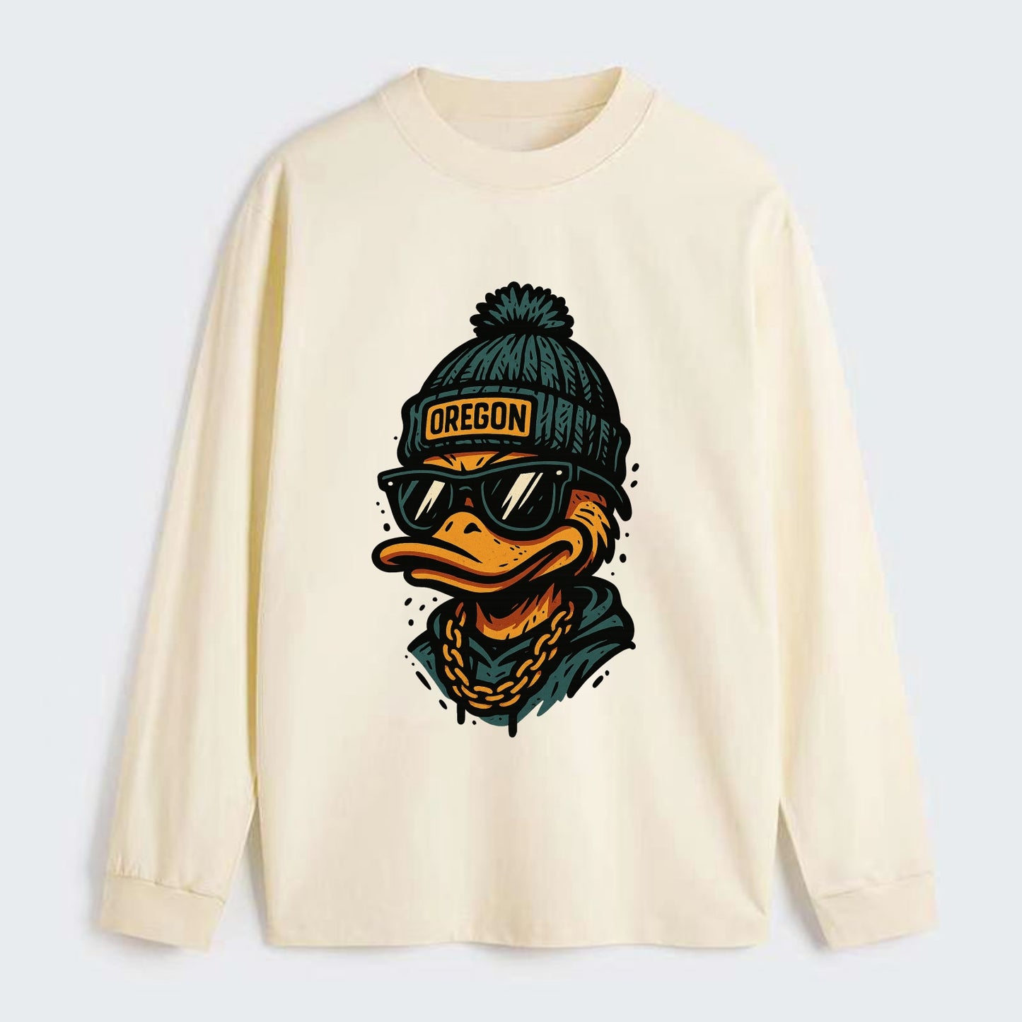 Eugene Duck wearing Oregon beanie with p - Classic Long Sleeve Shirt - Beige
