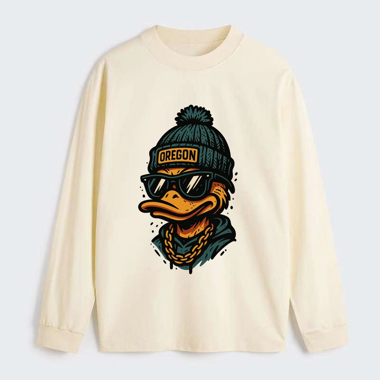 Eugene Duck wearing Oregon beanie with p - Classic Long Sleeve Shirt - Beige