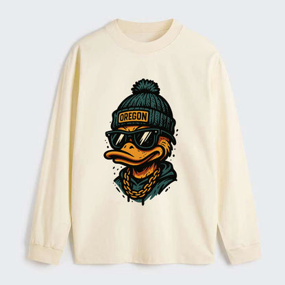Eugene Duck wearing Oregon beanie with p - Classic Long Sleeve Shirt - Beige