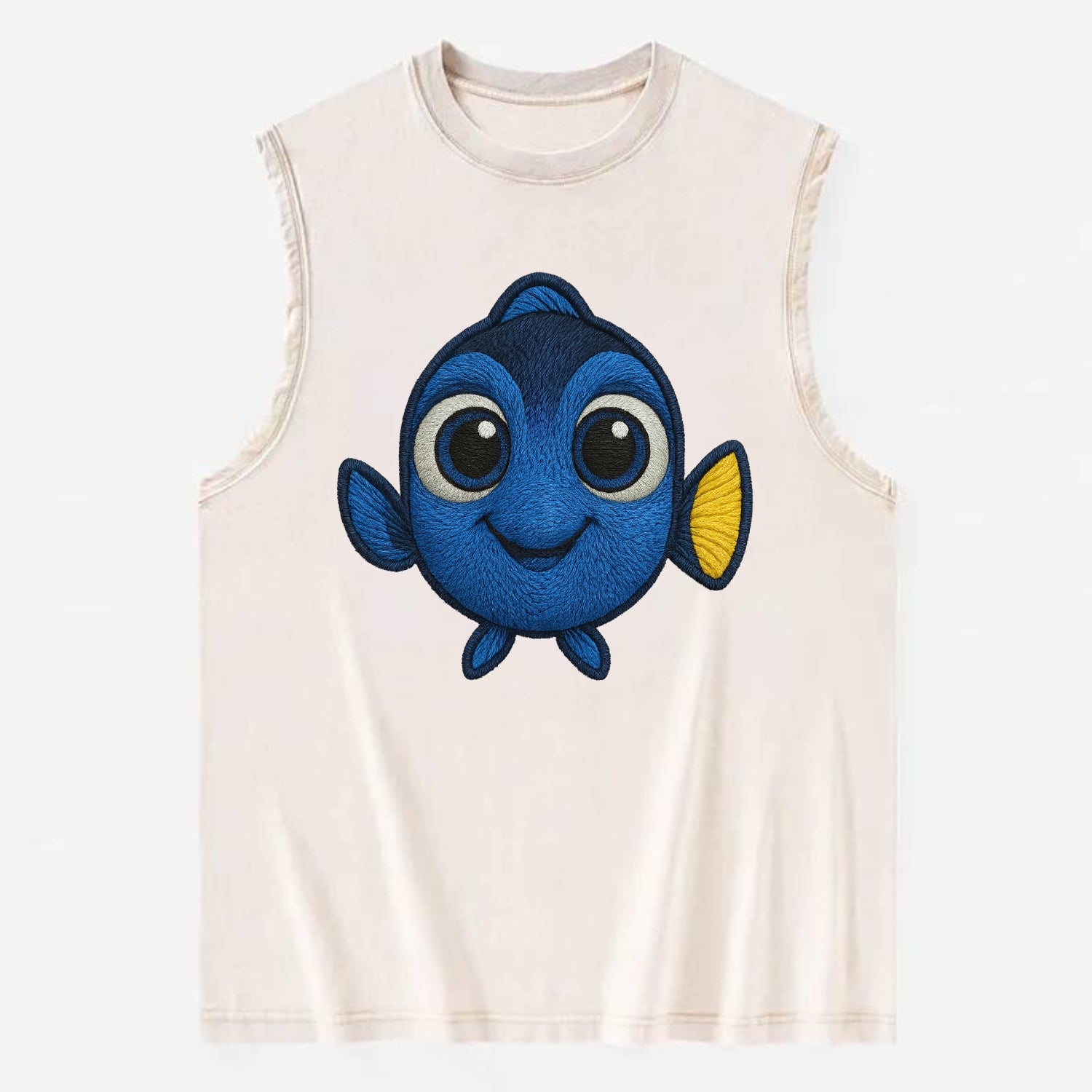 Baby Blue Tang - bright blue with yellow tail, big eyes, front-facing, - Vintage Washed Tank - Beige
