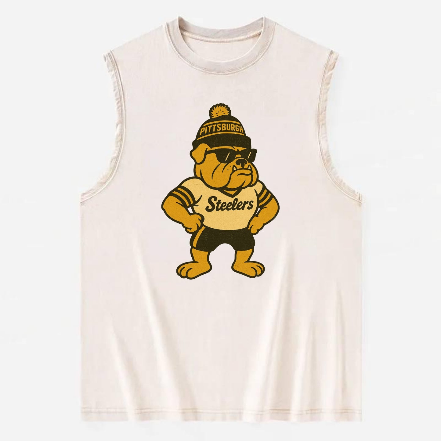Pittsburgh Bulldog wearing Steelers black and gold beanie with pom pom and - Vintage Washed Tank - Beige