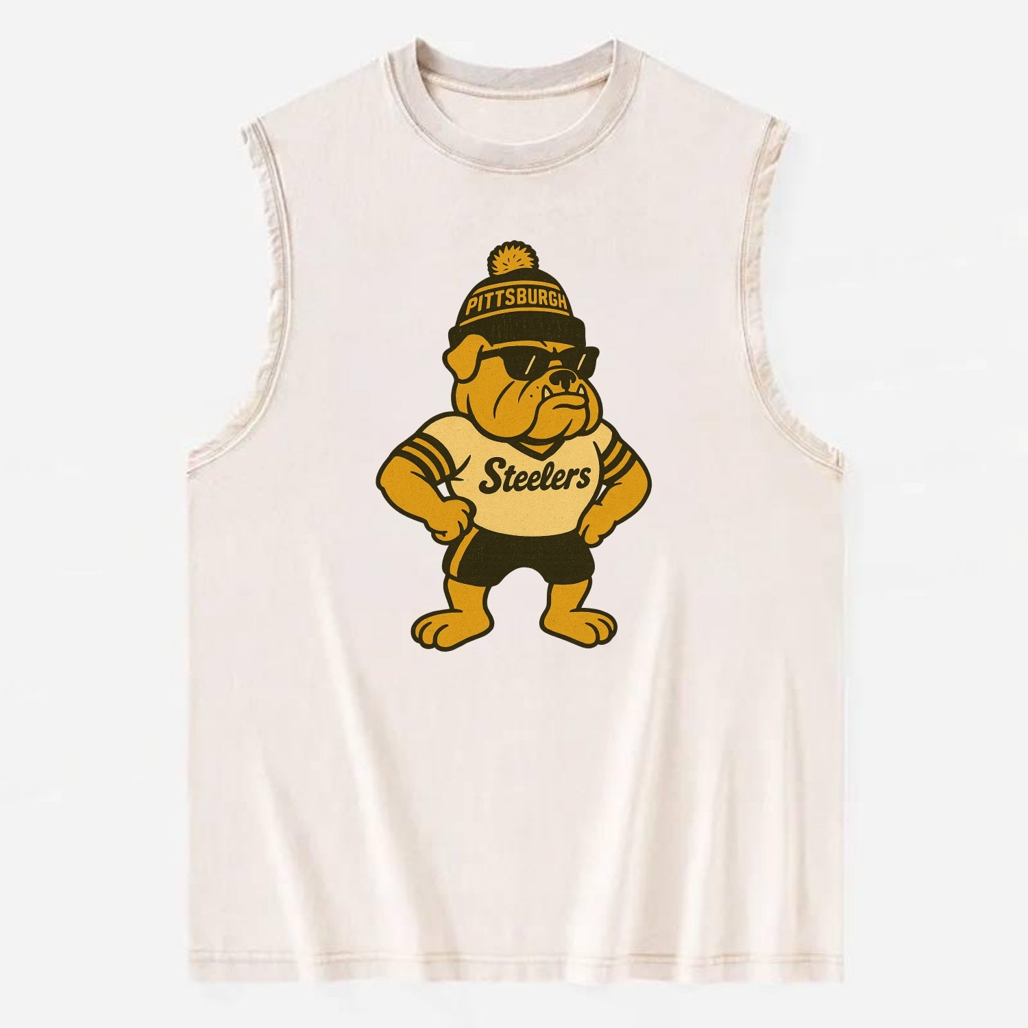 Pittsburgh Bulldog wearing Steelers black and gold beanie with pom pom and - Vintage Washed Tank - Beige