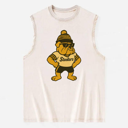 Pittsburgh Bulldog wearing Steelers black and gold beanie with pom pom and - Vintage Washed Tank - Beige