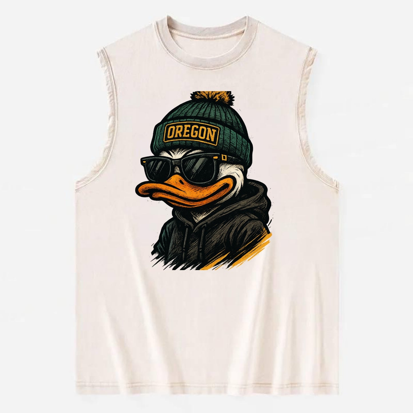 Eugene Duck wearing Oregon beanie with O patch - Vintage Washed Tank - Beige