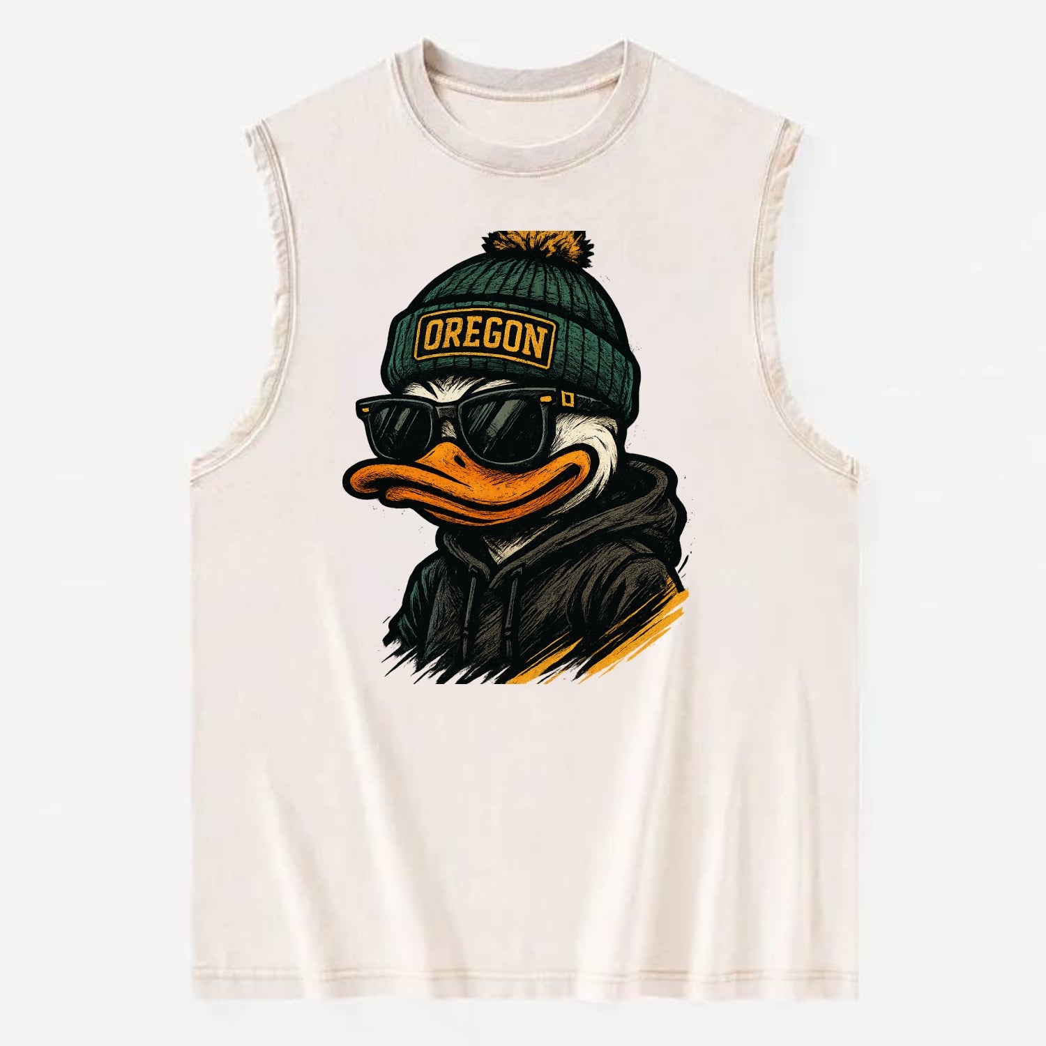 Eugene Duck wearing Oregon beanie with O patch - Vintage Washed Tank - Beige