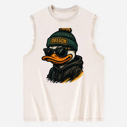 Eugene Duck wearing Oregon beanie with O patch - Vintage Washed Tank - Beige